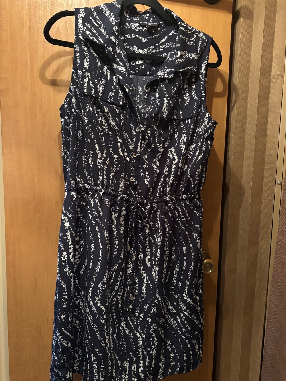Mario Serrani Navy Blue Sleeveless Printed Tie-Waist Midi Dress